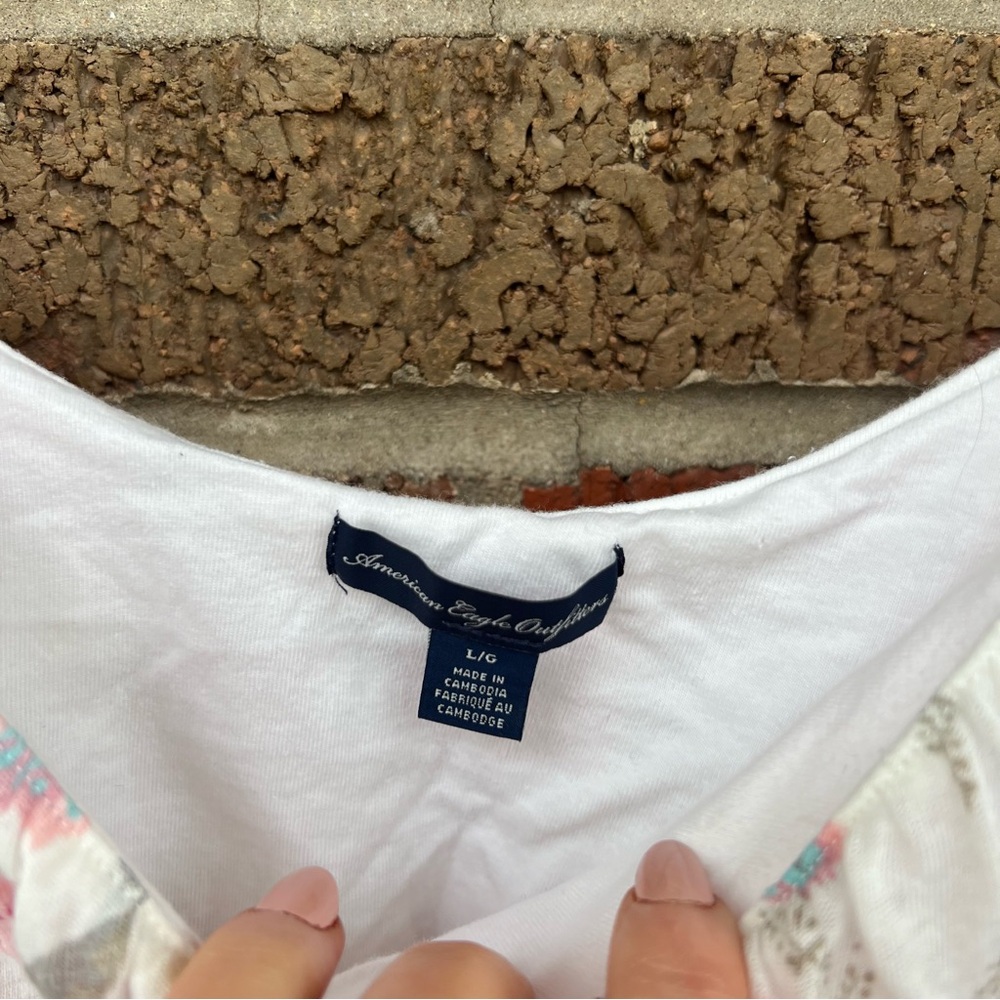 American Eagle Outfitters White and Pink Floral Spaghetti Strap Flounce Tank Top - Picture 3 of 3